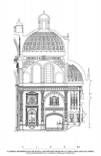 Catedral de Sevilla - Sección este-oeste Capilla Real hacia el norte 