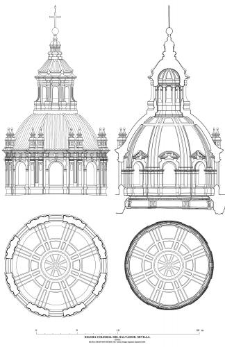 Colegiata del Salvador (Sevilla) - Plantas, alzado y sección de la cúpula