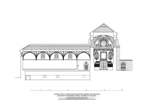 Cartuja de la Asunción (Granada) - Sección S-N por refectorio e iglesia   