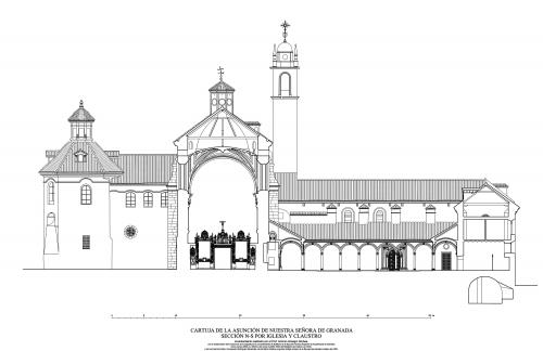 Cartuja de la Asunción (Granada) - Sección N-S por iglesia y claustro   