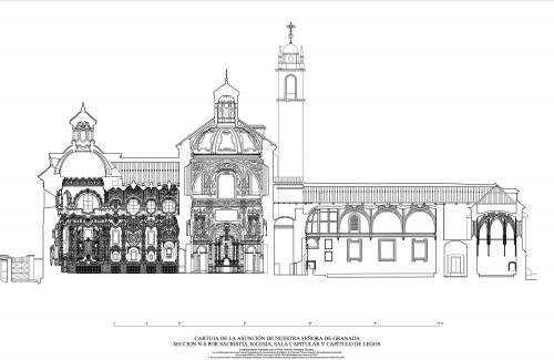 Cartuja de la Asunción (Granada) - Sección N-S por sacristía, iglesia y capitulos  