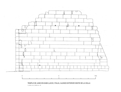 Alzado exterior oeste de la cella del templo de Juno en Gabii (Italia)