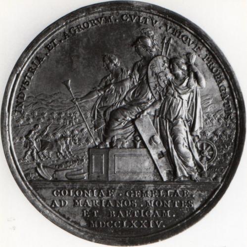 Medalla conmemorativa: Establecimiento de las colonias de Sierra Morena por Carlos III (prueba de reverso)