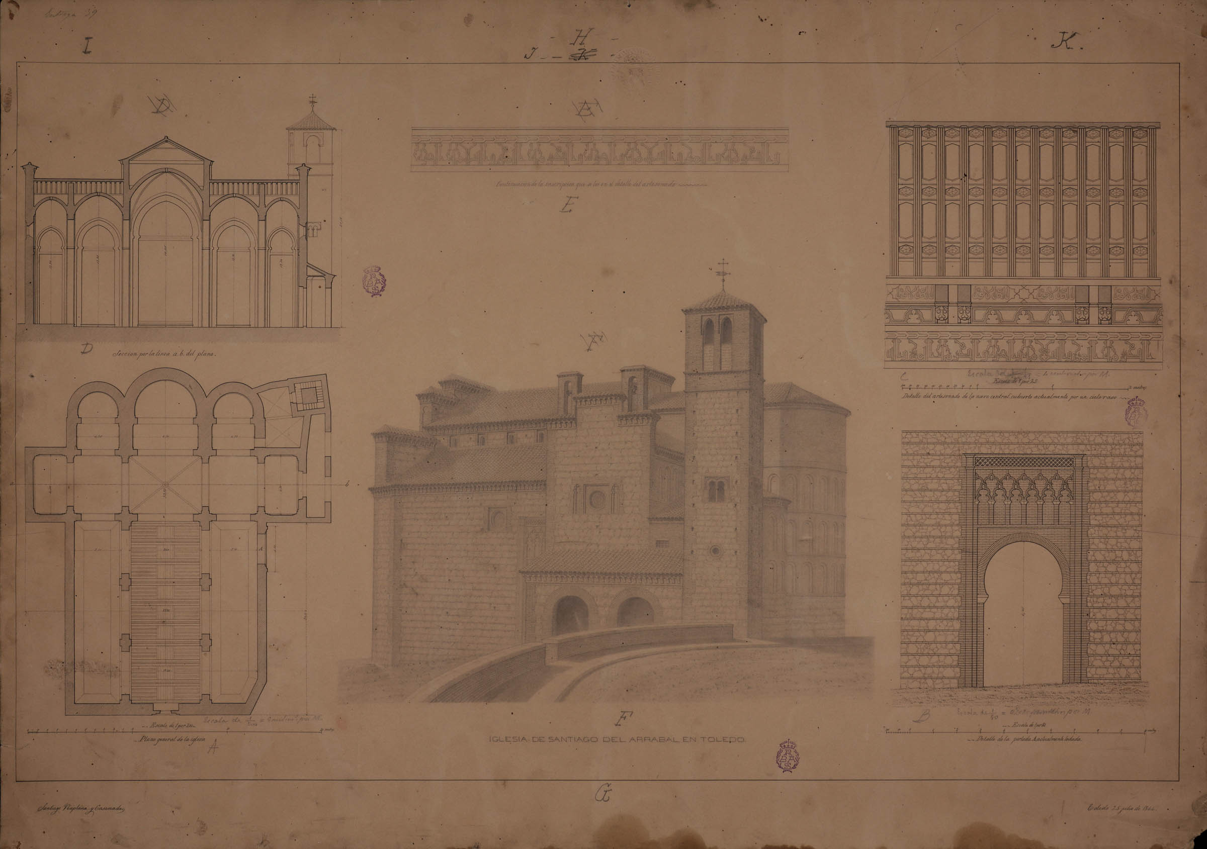 Viaplana y Casamada, Santiago - Planta, sección, vista y detalles de la iglesia  de Santiago del Arrabal de Toledo