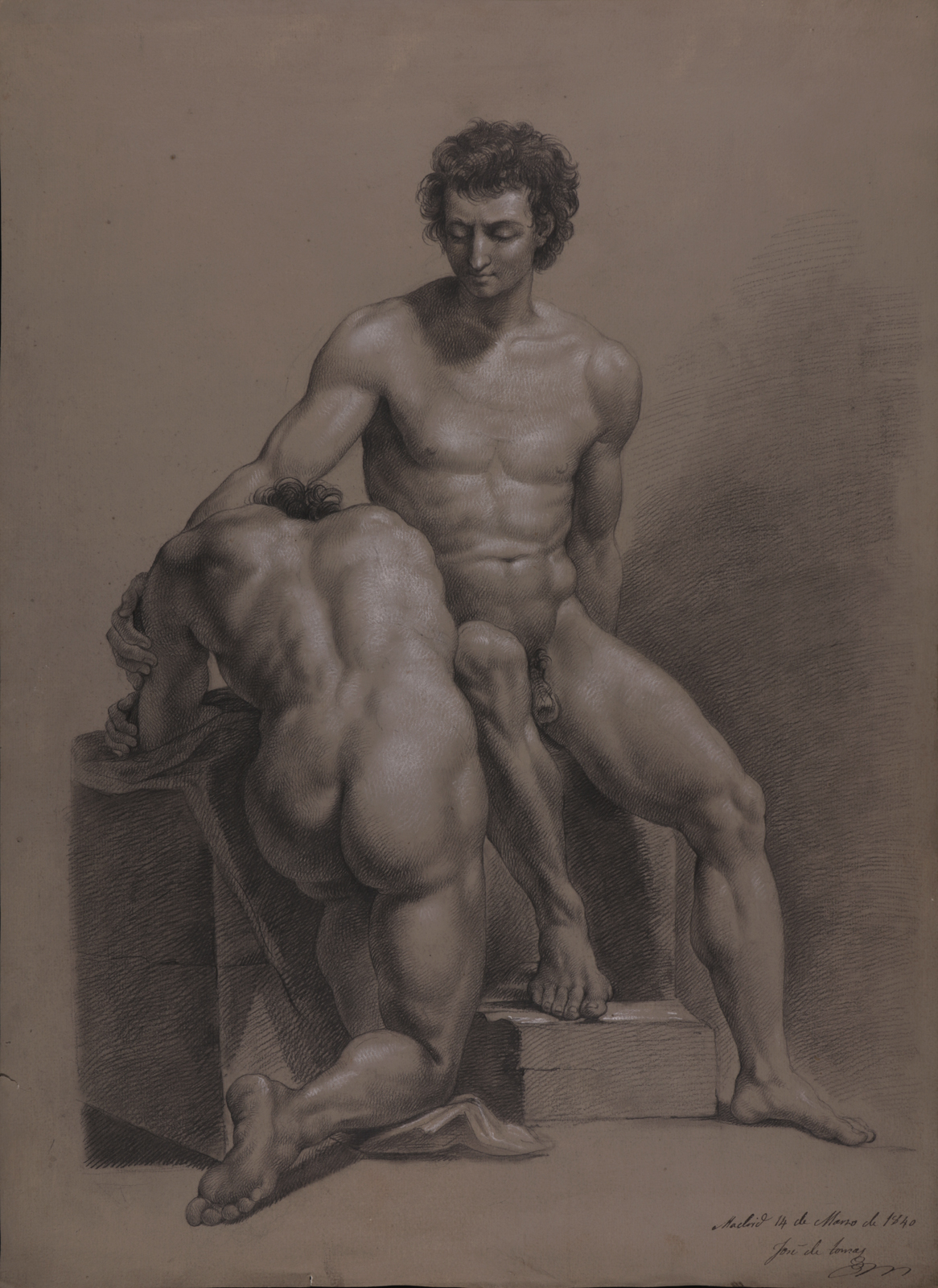 Fernández, José - Estudio de dos desnudos masculinos, uno sentado de frente  con la mano en el hombre de otro de espaldas arrodillado