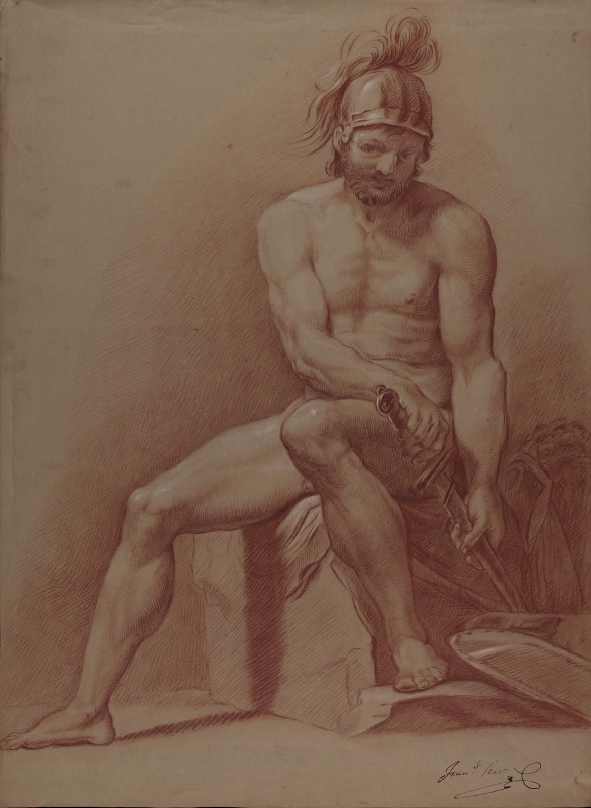 Martínez Moro, Blas - Estudio modelo masculino desnudo sentado con casco y  espada