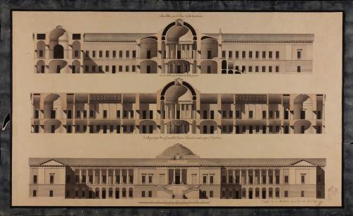 Alzado de la fachada principal y secciones 1-2 y 3-4 de un gabinete de Historia Natural