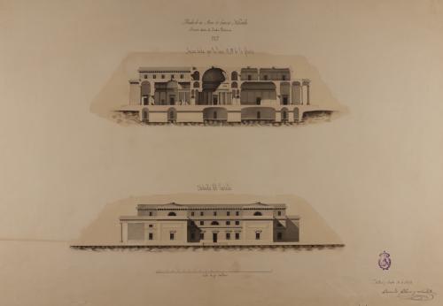 Alzado de la fachada lateral y sección AB de un museo de ciencias naturales en el Jardín Botánico de Madrid