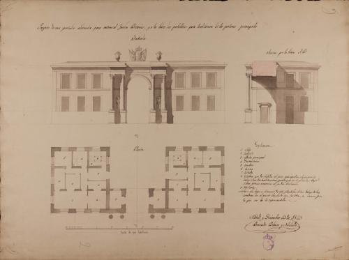 Planta, alzado de la fachada exterior y sección AB de portada para el Jardín Botánico de Madrid con habitaciones para porteros	