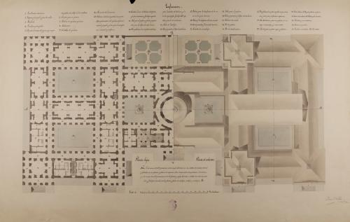 Mitad de las plantas baja y de cubiertas de una academia y museo de ciencias naturales y exactas. 