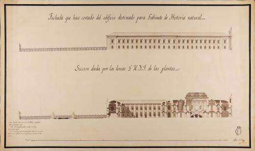 Alzado de la fachada lateral y sección GHYJ de un Gabinete de Historia Natural