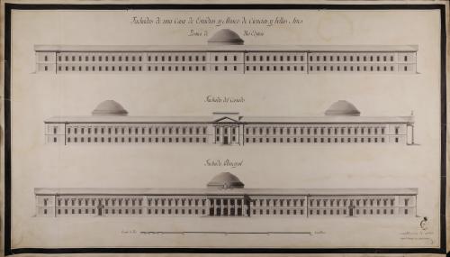 Alzado de las fachadas principal, posterior y lateral de una casa de estudios y museo de ciencias y bellas artes