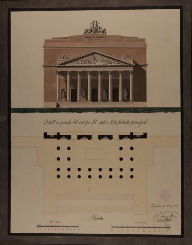 Detalle en grande de la planta y el alzado del cuerpo central de la fachada principal de un museo de bellas artes y biblioteca pública
