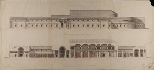 Alzado de la fachada lateral y sección AB de una biblioteca-museo nacional