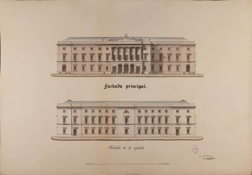 Alzado de la fachada principal y posterior de una Academia de nobles artes para Madrid