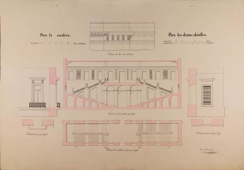 lanta y sección de la escalera principal; balcón del piso principal, ventana exterior del piso bajo y unión de las tres cornisas de una Academia de nobles artes para Madrid. 