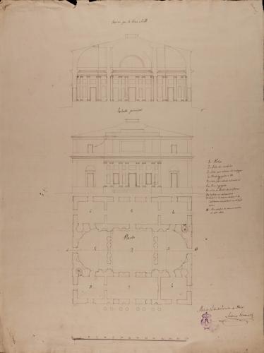 Planta, alzado de la fachada principal y sección AB de una Academia de Bellas Artes