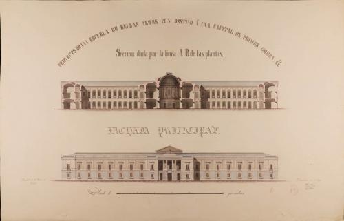Alzado de la fachada principal y sección AB de una escuela de Bellas Artes para una capital de primer orden