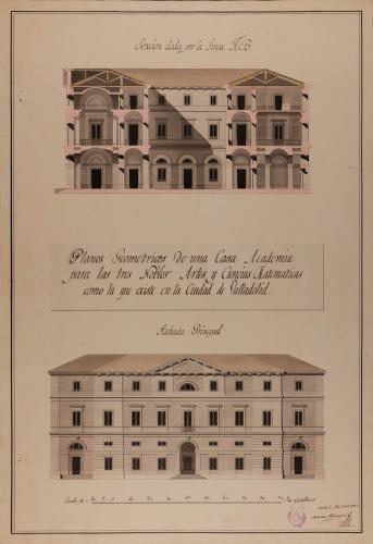 Alzado de la fachada principal y sección AB de una Academia para las tres nobles artes y ciencias matemáticas como la que existe en Valladolid
