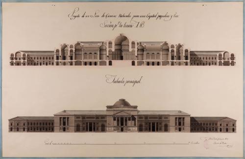 Alzado de la fachada principal y la sección AB de un liceo de ciencias naturales para la capital de una nación rica y populosa