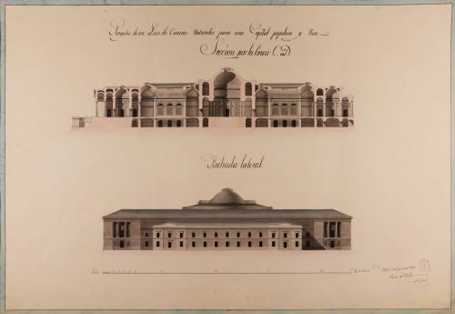 Alzado de la fachada lateral y sección CD de un liceo de ciencias naturales para la capital de una nación rica y populosa