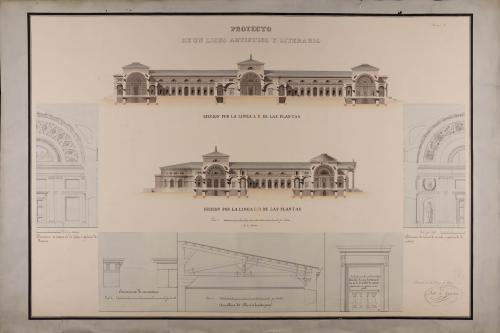 Secciones Ab y CD y detalles constructivos y decorativos de las fachadas de las salas de pintura y escultura de un liceo artístico y literario