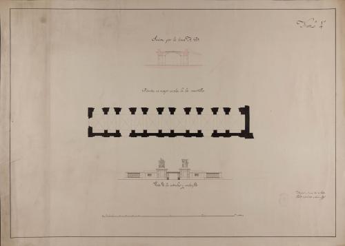 Planta de los martillos, alzado de la entrada y enverjado, y sección AB de un colegio general militar, extramuros de una ciudad