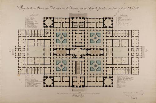 Planta baja de un observatorio astronómico de marina, con un colegio de guardias marinas y otro de ingenieros navales