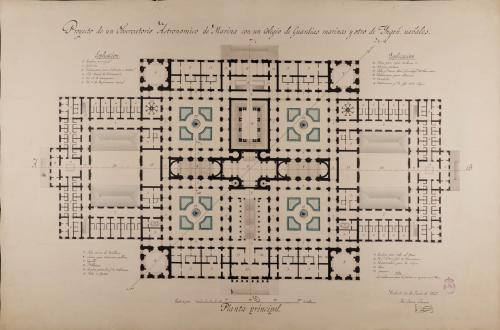 Planta principal de un observatorio astronómico de marina, con un colegio de guardia marinas y otro de ingenieros navales