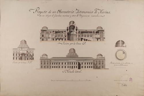 Alzado de la fachada lateral y sección CD, EF de un observatorio astronómico de marina, con un colegio de guardias marinas y otro de ingenieros navales