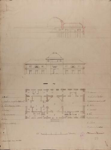 Planta, alzado de la fachada principal y sección de un colegio de medicina