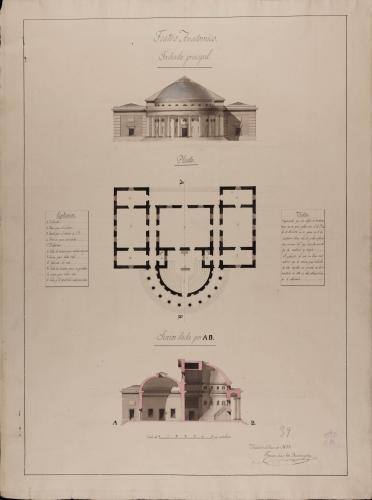 Planta, alzado de la fachada principal y sección AB de un teatro anatómico para un colegio de cirugía y medicina