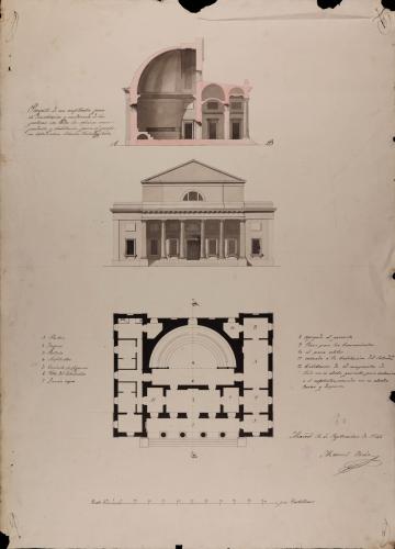 Planta, alzado de la fachada principal y sección AB de un anfiteatro para le demostración y enseñanza de las parteras, con todas las oficinas correspondientes y habitación para el profesor catedrático