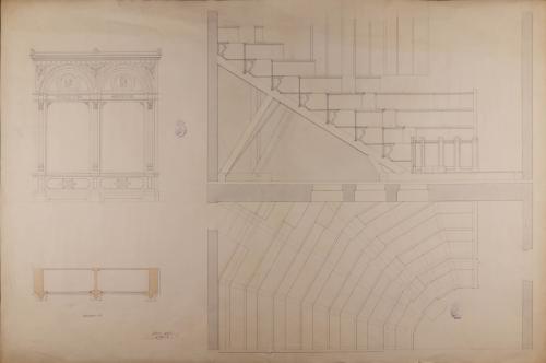Detalle de la planta y el alzado de los armarios del reservado y de las gradas del anfiteatro de un museo anatómico en un colegio de medicina