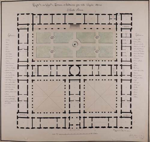 Planta baja de un colegio de farmacia con habitaciones para 20 colegiales