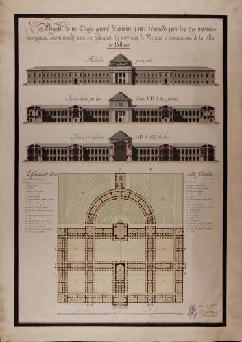 Planta, alzado de la fachada principal y sección AB de un colegio de ciencias y artes para las tres provincias vascongadas en las inmediaciones de la villa de Bilbao 