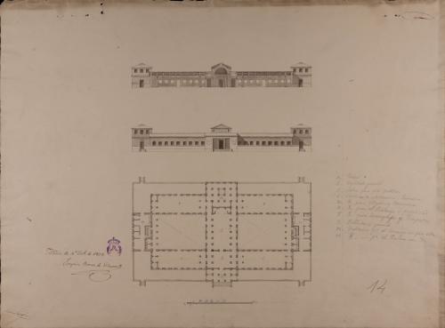 Planta, alzado de la fachada principal y sección de un colegio de marina