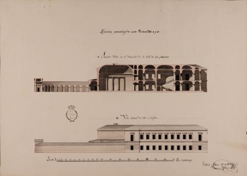 Alzado de la fachada lateral y sección CD de una universidad