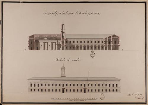 Alzado de la fachada lateral y sección AB de una universidad