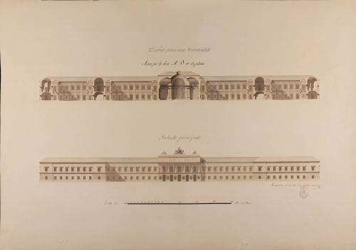 Alzado de la fachada principal y sección AB de una universidad