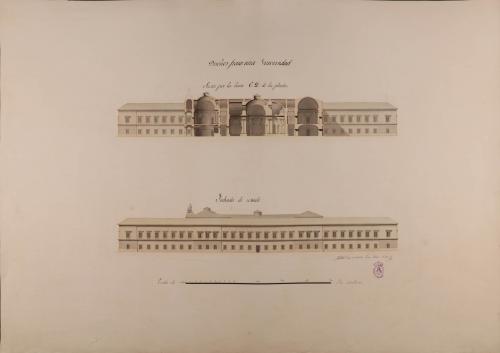 Alzado de la fachada lateral y sección CD de una universidad