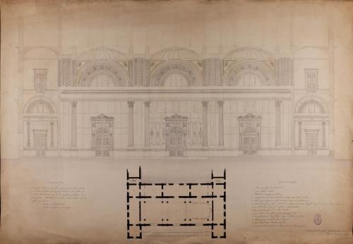 Planta y alzado de un paraninfo ó salón de actos públicos para una universidad