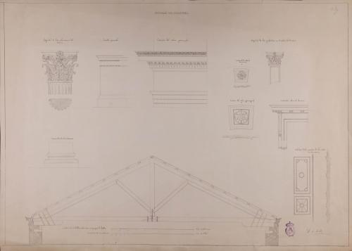 Detalles del capitel, zócalo, cornisa, basa, casetones, puerta, tableros de las puertas y cimbras de la cubierta de un paraninfo de universidad