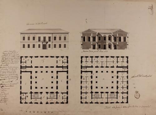 Planta baja y principal, alzado de la fachada principal y sección AB de una escuela de primeras letras