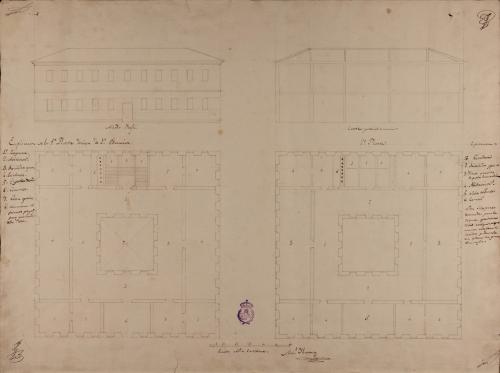 Planta baja y principal, alzado de la fachada principal y sección de una casa de primera educación