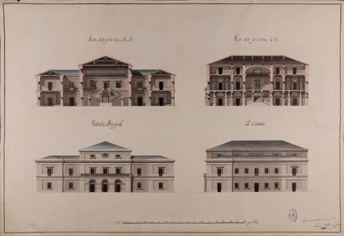 Alzado de las fachadas principal y lateral y secciones AB y CD de una casa ayuntamiento con alhóndiga y escuela. 