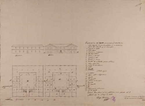 Plantas baja y principal; alzado de la fachada principal y sección AB de una escuela de primeras letras