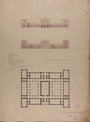 Planta, alzado de la fachada principal y sección AB de una escuela de primeras letras y cátedra de latinidad, para un pueblo de 500 vecinos