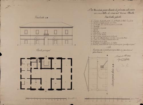 Planta principal, alzado de la fachada principal y sección AB de una escuela de primaria para una villa de 5000 vecinos