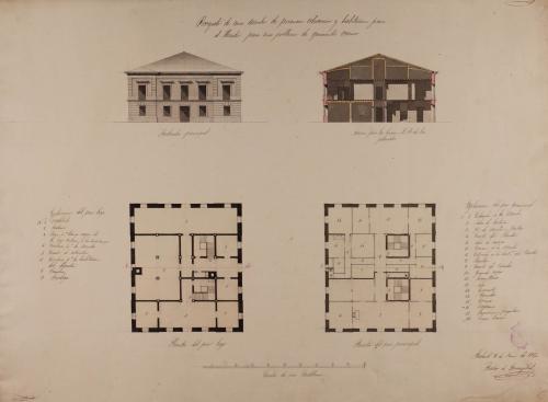 Plantas baja y principal, alzado de la fachada principal y sección AB de una escuela de primera educación para una población de 500 vecinos